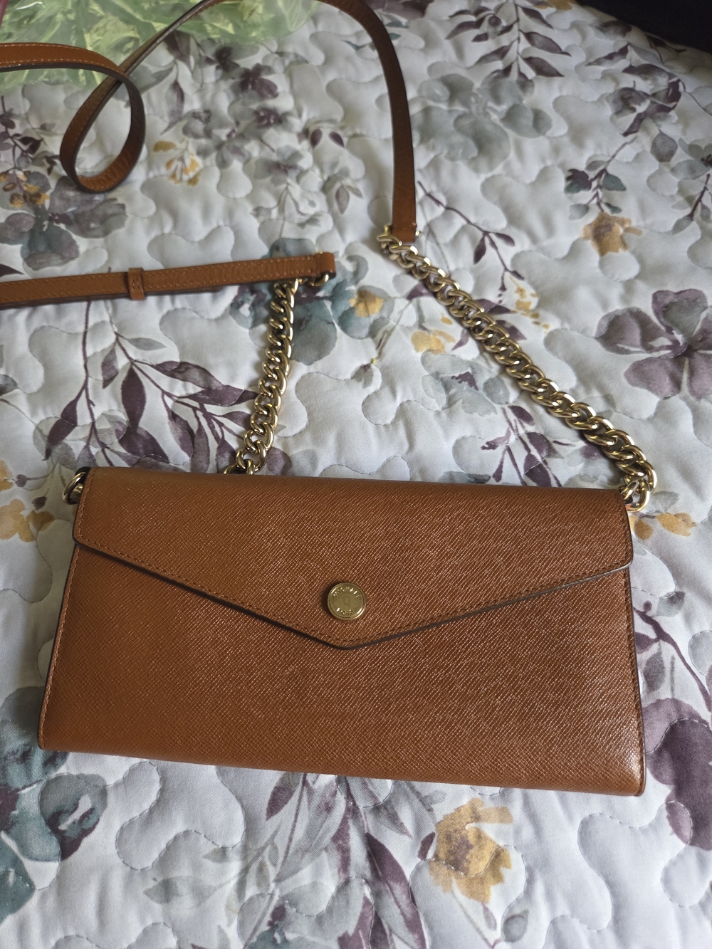 Michael Kors Brown Saffiano Leather Crossbody Wallet with Gold Chain